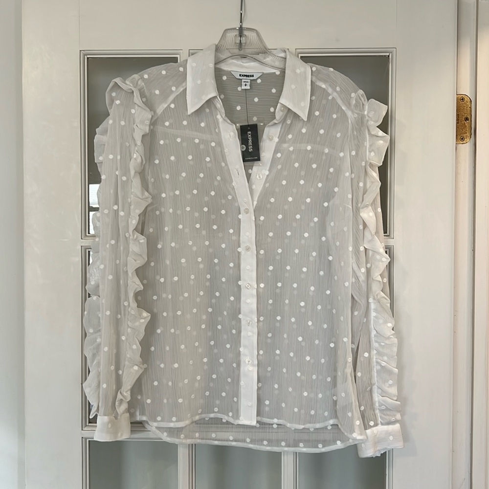 Shear white polka dot Express button down blouse